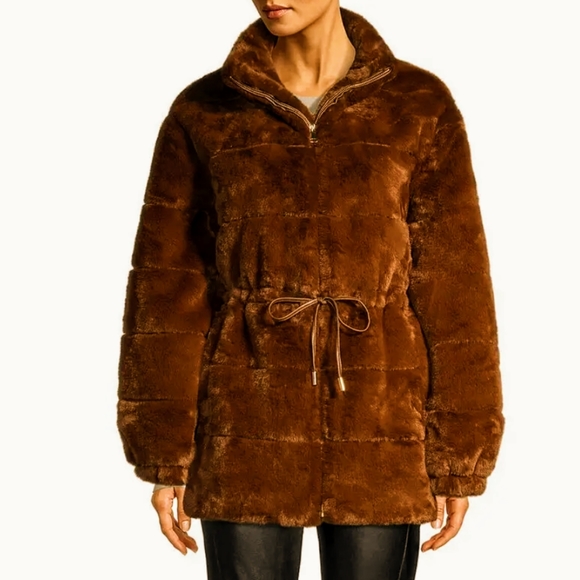 Elie Tahari Faux Fur Coat Tawny Size Small - Picture 1 of 10